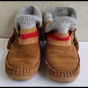 ZiGinny Grizzleez Scenic Tan Suede Leather Slip On Mocassins Stretch Knit Shaft